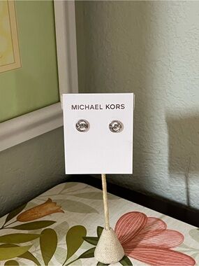 NWT Michael Kors Silver-tone MK Circle Logo Stud Earrings #TSER